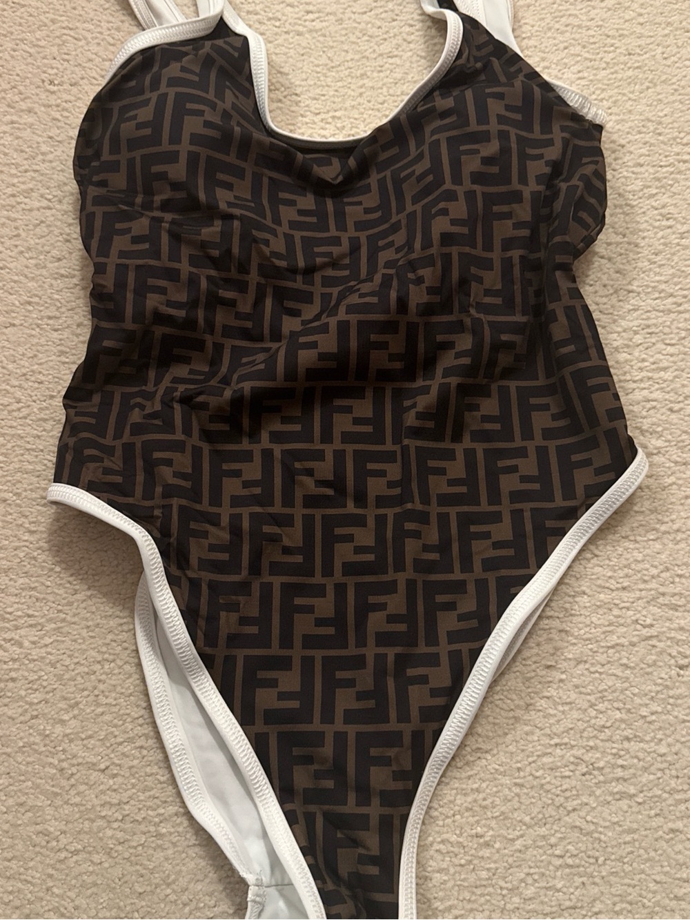 Fendi Brown and Black Logo Padded One-Piece with White Trim